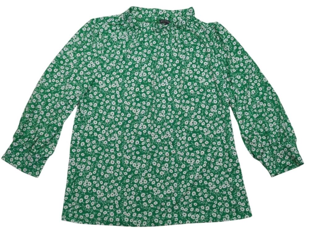 Adriana Papell Green White Floral Daises 3/4 sleeve blouse ruffle collar size M